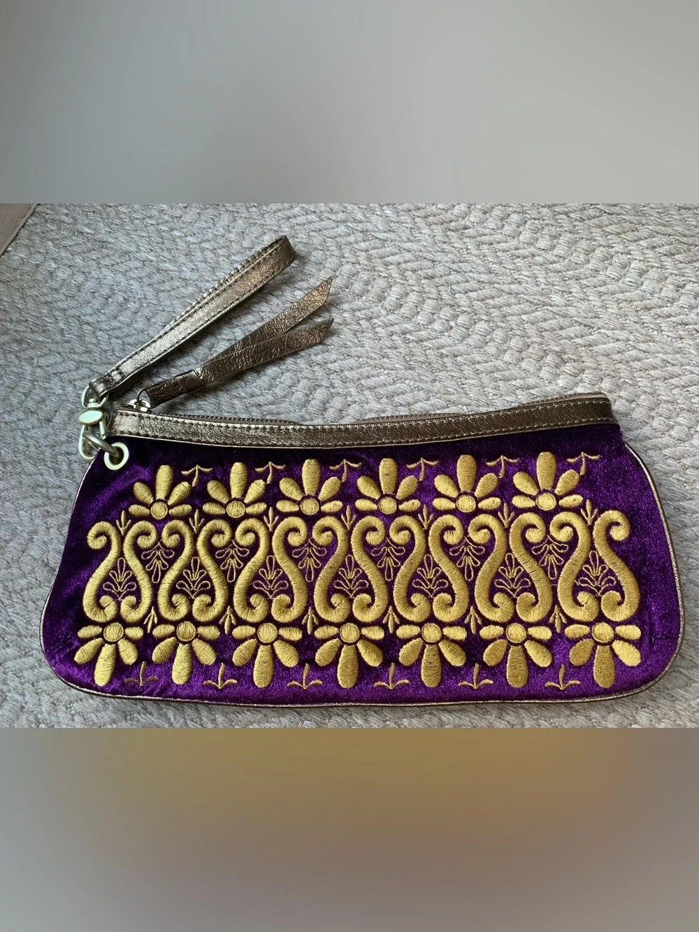 Purple Velvet Clutch with Gold Floral Embroidery